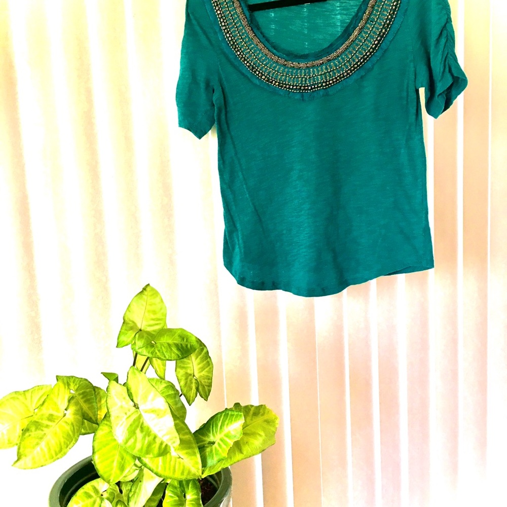 Anthropologie Embroidered Bib Scoop-neck Tee